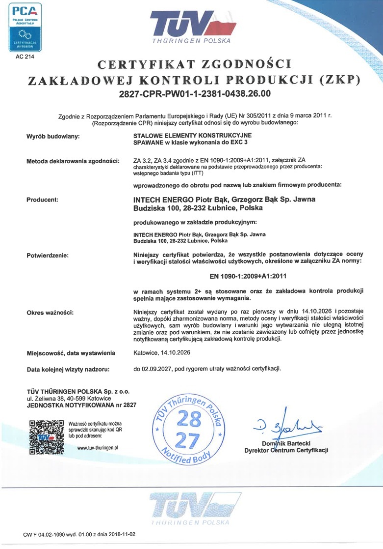Certyfikat zgodności Zakładowej Kontroli Produkcji EN 1090-1 INTECH ENERGO – stalowe elementy konstrukcyjne EXC 3
