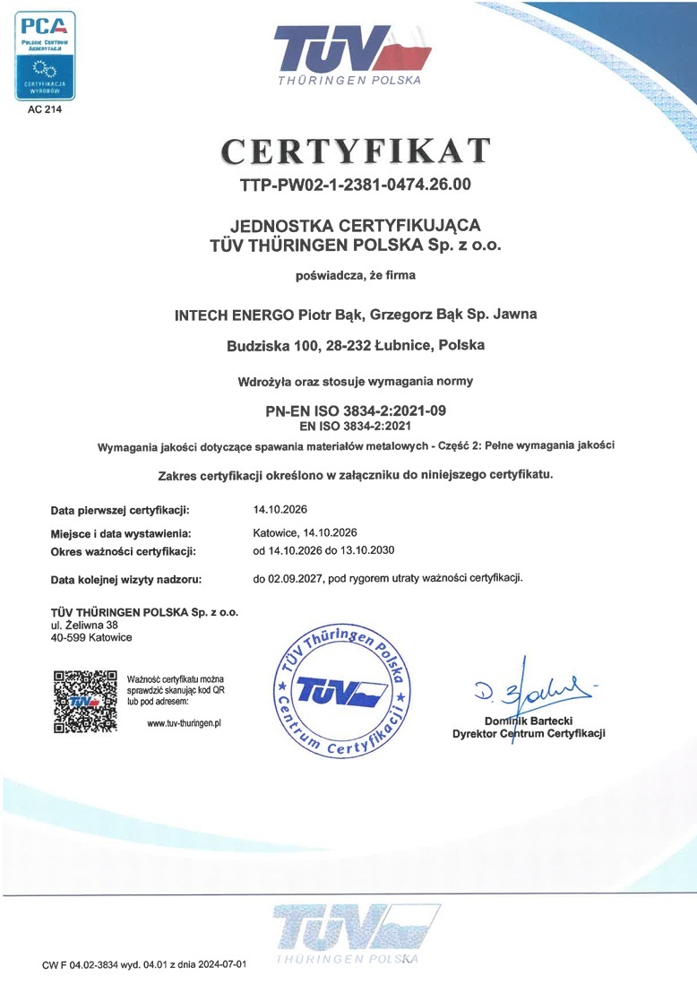 Certyfikat PN-EN ISO 3834-2:2021 INTECH ENERGO – wymagania jakości dotyczące spawania materiałów metalowych